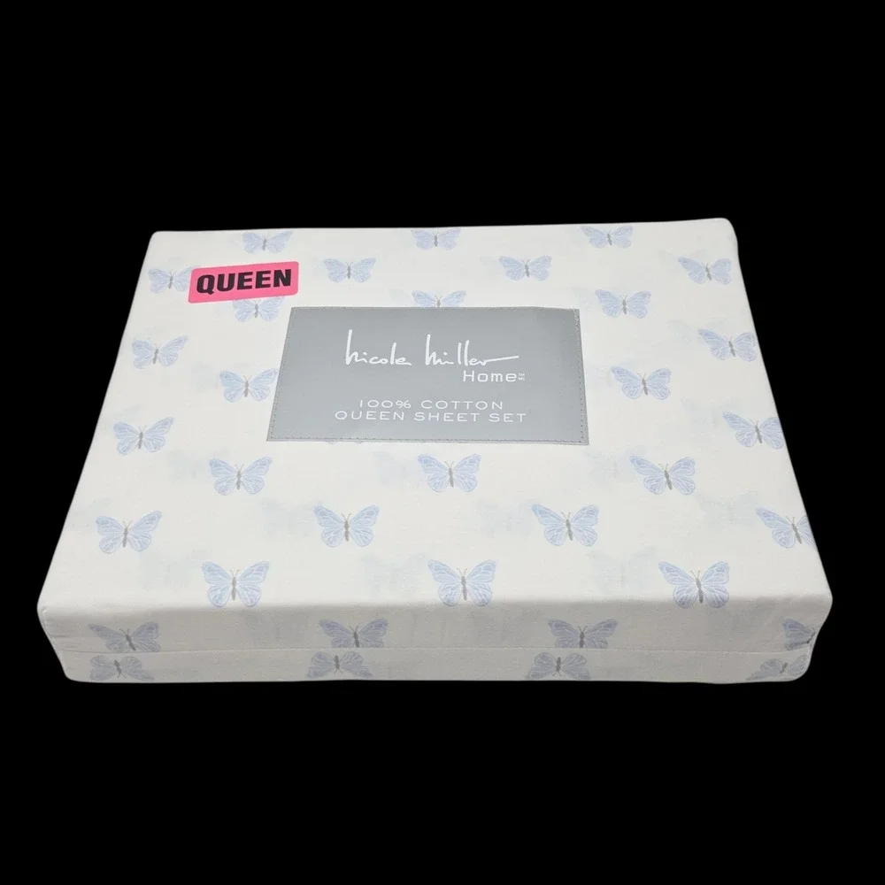 Nicole Miller Queen Sheet Set of 4pc White Blue Butterfly‎ Print 100% Cotton